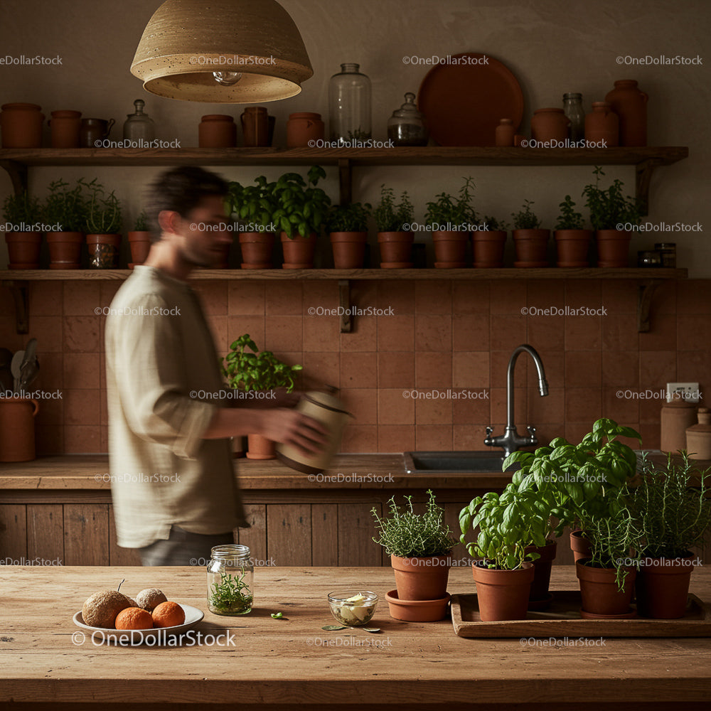 Rustic Kitchen Scene with Herbs and Wooden Decor