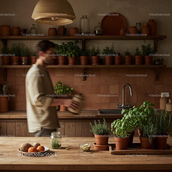 Rustic Kitchen Scene with Herbs and Wooden Decor