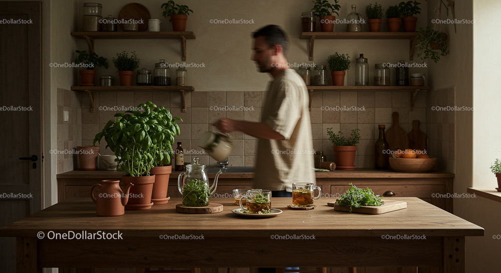 Cozy Kitchen with Fresh Basil and Tea Preparation