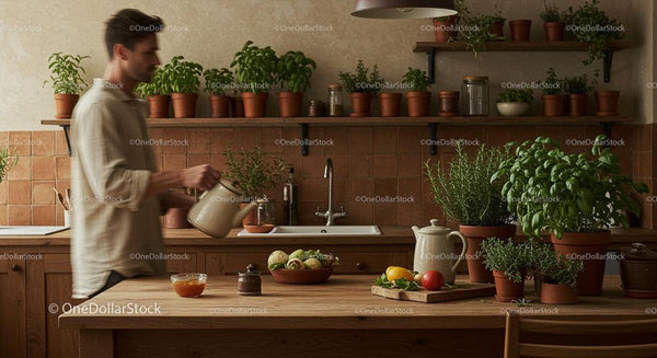 Man Tending to Fresh Herb Garden in Cozy Kitchen