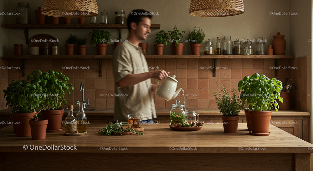 Man Watering Basil Plants in Cozy Kitchen Interior