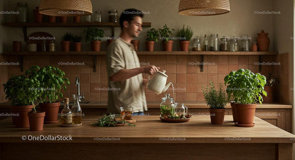 Man Watering Basil Plants in Cozy Kitchen Interior