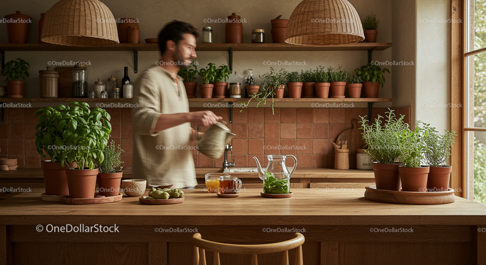 Man Watering Herbs in Cozy Kitchen with Terracotta Pots