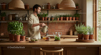 Man Watering Herbs in Cozy Kitchen with Terracotta Pots