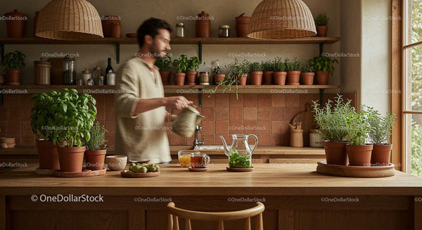 Man Watering Herbs in Cozy Kitchen with Terracotta Pots
