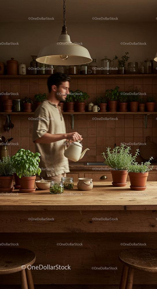 Man Watering Potted Herbs in Rustic Kitchen Setting