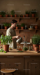 Man Preparing Herbal Tea in Rustic Kitchen with Basil and Rosemary