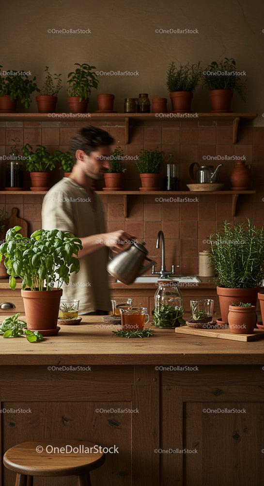 Man Preparing Herbal Tea in Rustic Kitchen with Basil and Rosemary