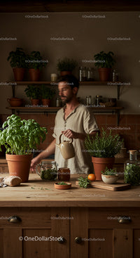 Man Tending to Fresh Herb Garden in Rustic Kitchen