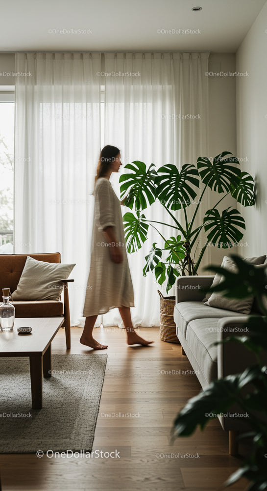 Woman Walking Past Monstera Plant in Modern Living Room