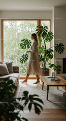 Woman Walking in Cozy Living Room with Monstera Plants