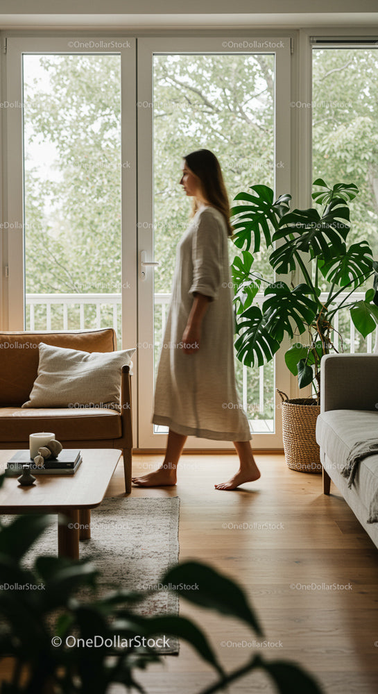 Woman in Cozy Living Room with Monstera Plant