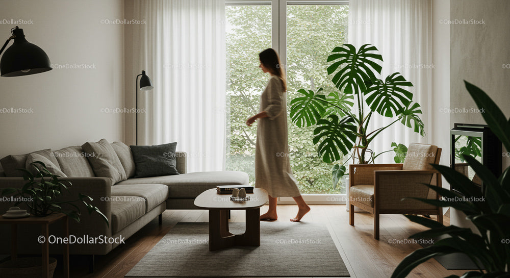 Minimalist Living Room with Houseplants and Walking Woman
