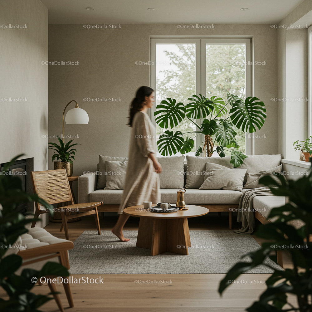 Cozy Living Room with Monstera and Wooden Furniture