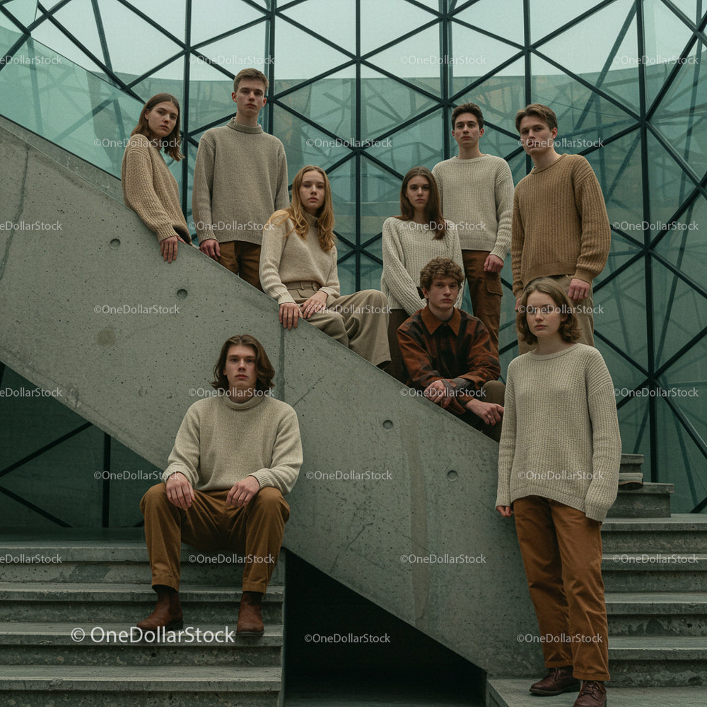 Group of Young Adults in Neutral Attire on Concrete Stairs