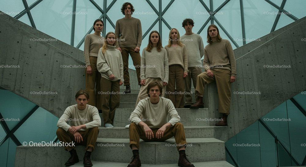 Group of Young Adults in Neutral Tones on Staircase