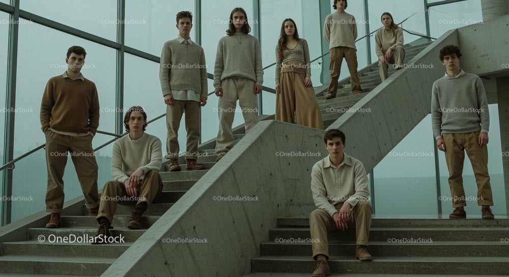 Group of Young Adults on Minimalist Staircase