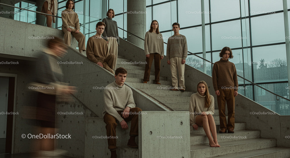 Young Adults on Concrete Stairs in Modern Building