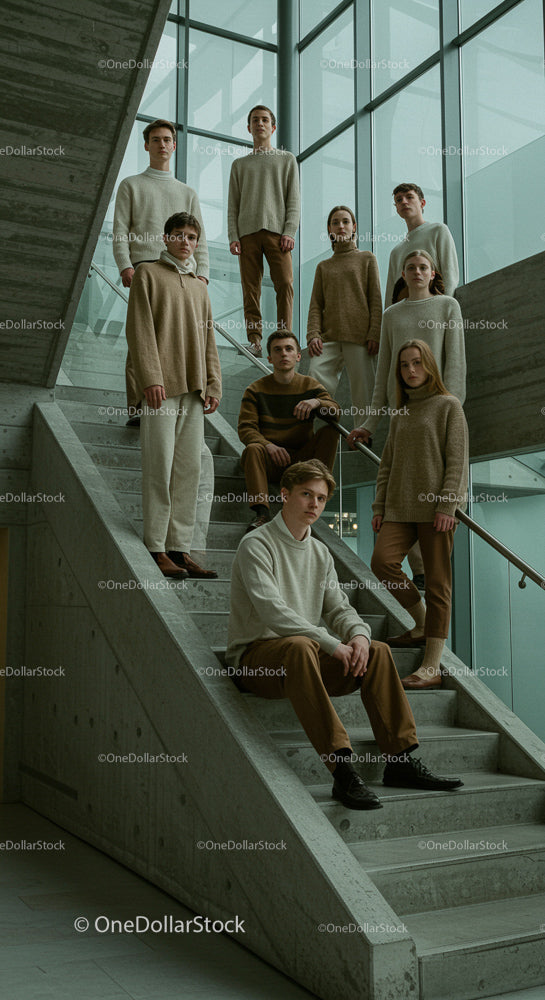 Stylowa grupa pozuje w nowoczesnym otoczeniu architektonicznym