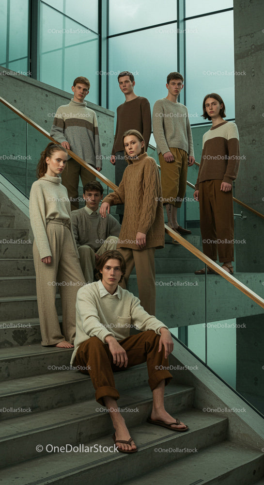 Stylish Group in Neutral Tones on Modern Staircase