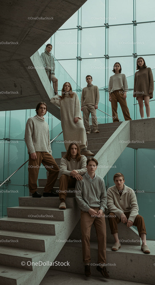 Fashionable Young Adults on Modern Concrete Staircase