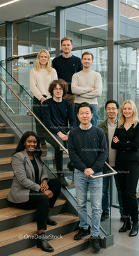 Diverse Office Team on Modern Glass Staircase