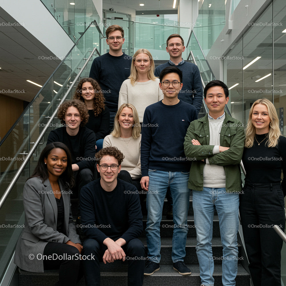 Business Team Posing on Office Staircase