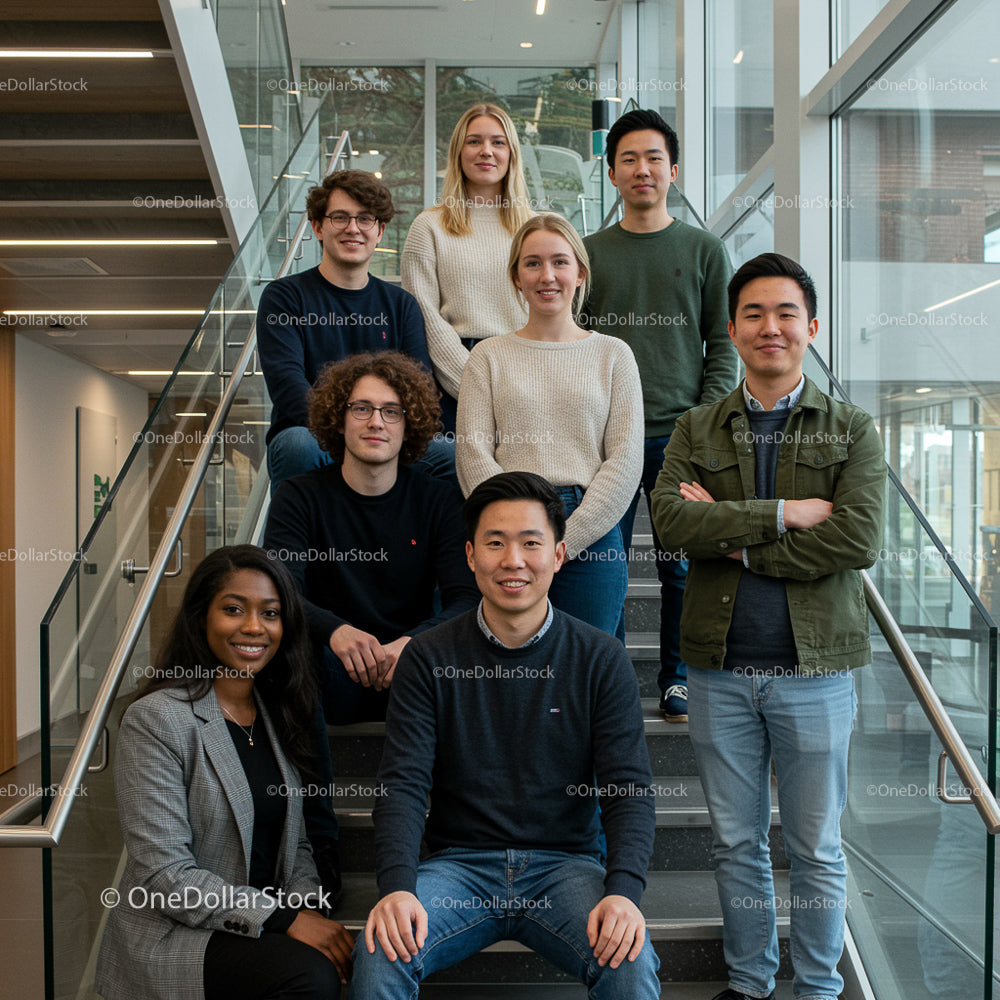 Diverse Team of Young Professionals Smiling on Staircase