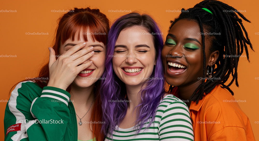 Three Diverse Friends Laughing Together in Colorful Attire