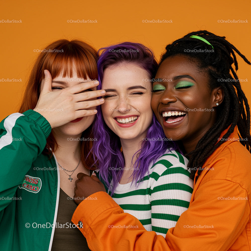 Joyful Friends Laughing Together Against Orange Backdrop