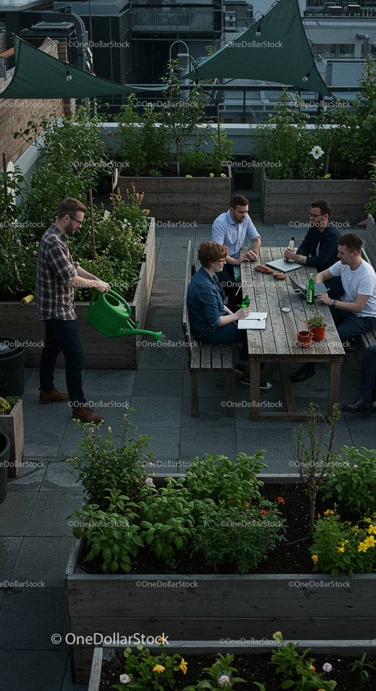 Team Collaboration in Rooftop Urban Garden Setting