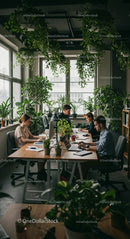 Teamwork in a Green Office with Abundant Indoor Plants