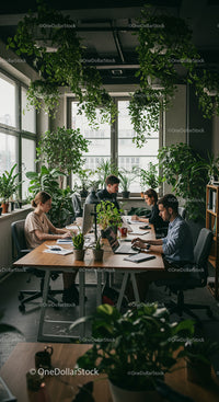 Teamwork in a Green Office with Abundant Indoor Plants