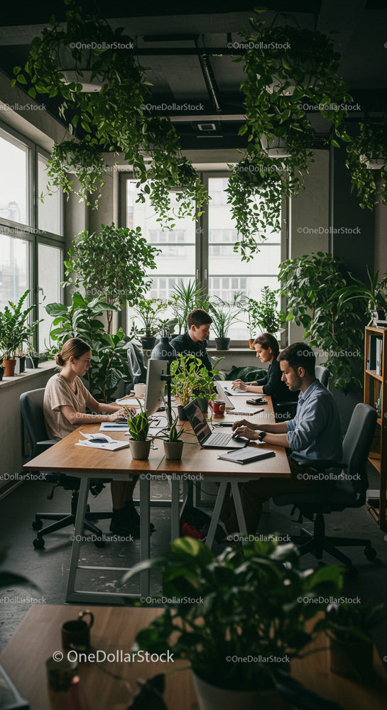 Teamwork in a Green Office with Abundant Indoor Plants