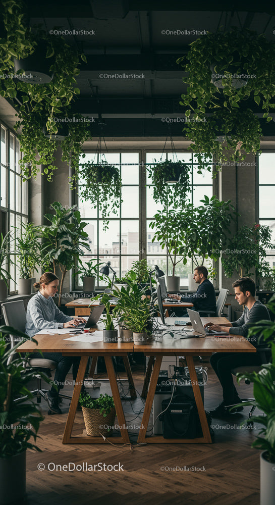 Coworking Space with Lush Greenery and Natural Light