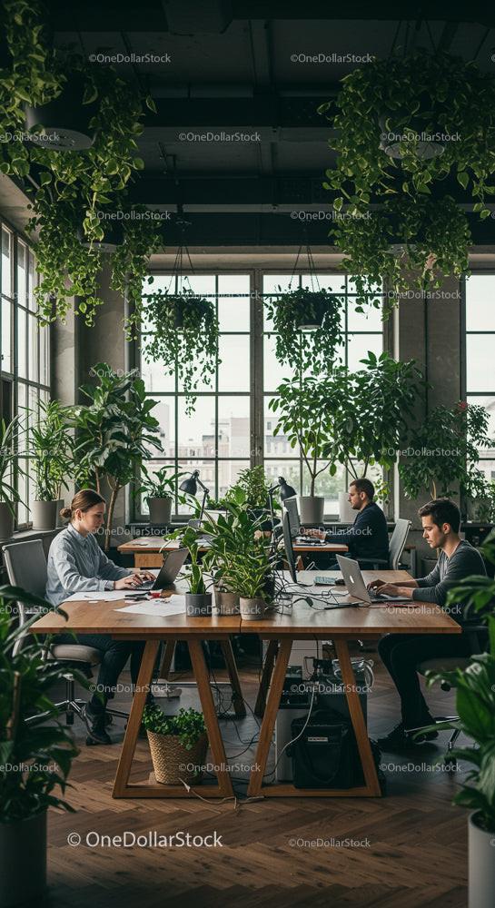Coworking z bujną roślinnością i naturalnym światłem