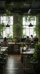Eco-Friendly Office with Lush Greenery and Natural Light