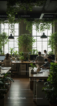 Eco-Friendly Office with Lush Greenery and Natural Light