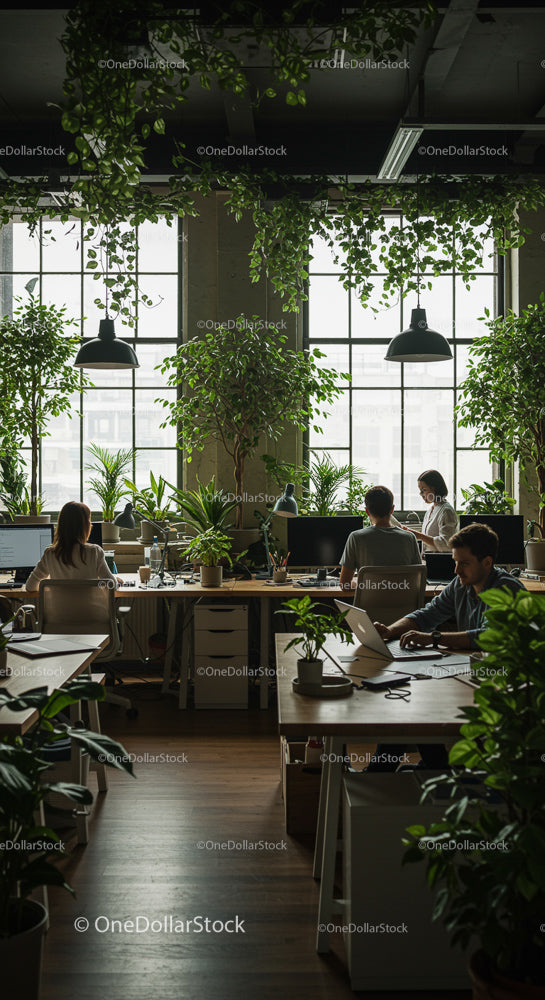 Eco-Friendly Office with Lush Greenery and Natural Light