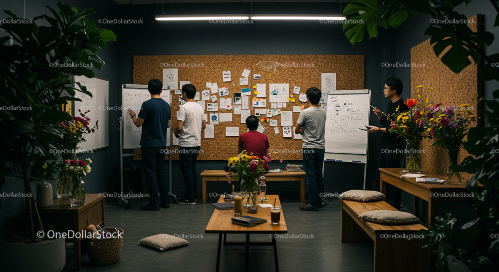Team Brainstorming in a Modern Office with Cork Board