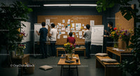 Team Brainstorming in a Modern Office with Cork Board