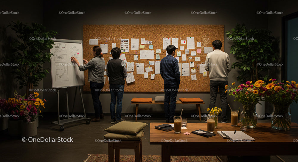 Team Brainstorming in Creative Office with Cork Board