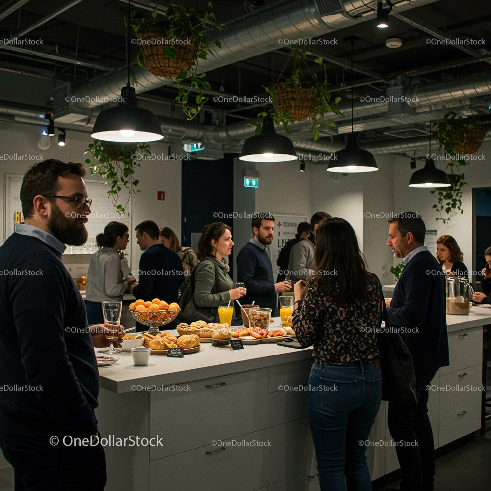 Casual Office Gathering with Snacks and Drinks