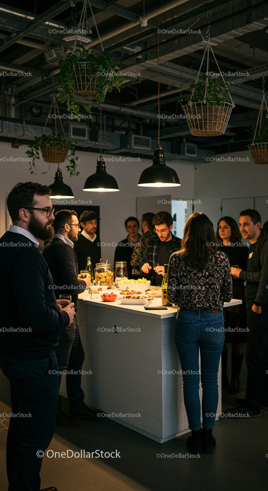 Casual Office Gathering with Snacks and Hanging Plants