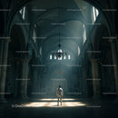 Solitary Figure in Grand Historic Building Interior