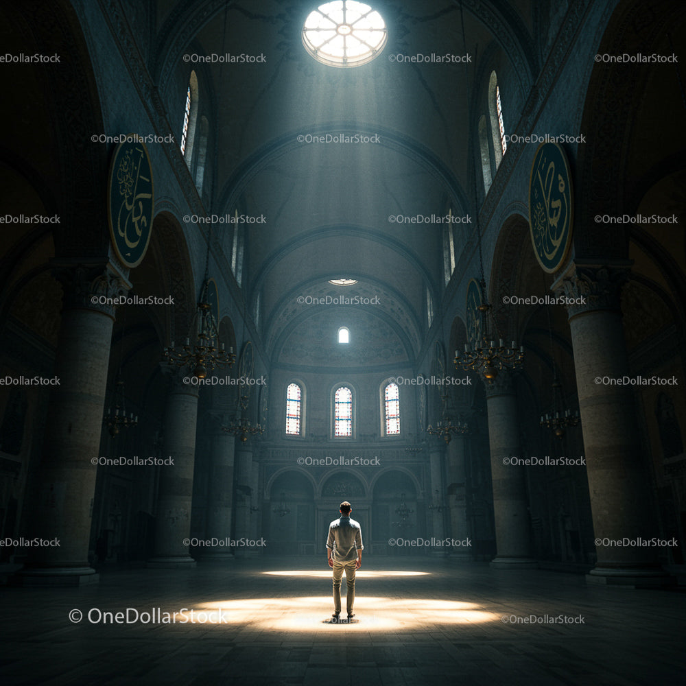 Man Standing in Majestic Historic Cathedral Interior