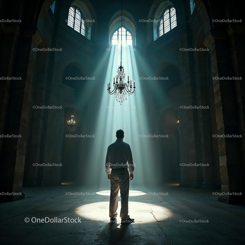Man Standing in Sunlit Cathedral with Chandelier