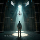 Man Standing in Sunlit Cathedral with Chandelier