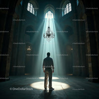 Man Standing in Sunlit Cathedral with Chandelier