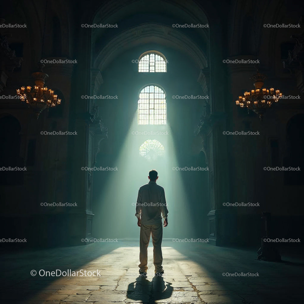 Man Standing in Sunlit Gothic Cathedral Interior